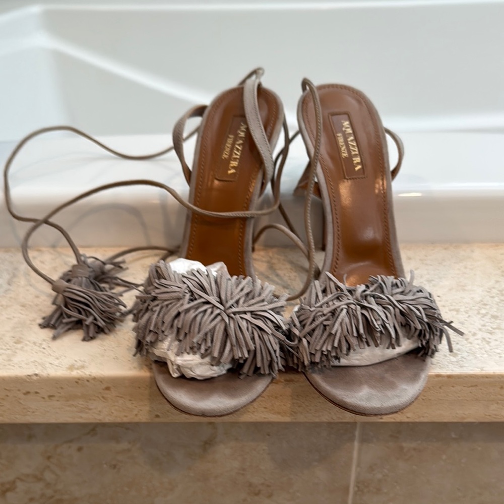 Aquazzura Gray Fringe Women's Sandals